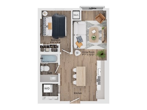 A floor plan of a home with a bedroom, bathroom, living room, kitchen, and a workspace.